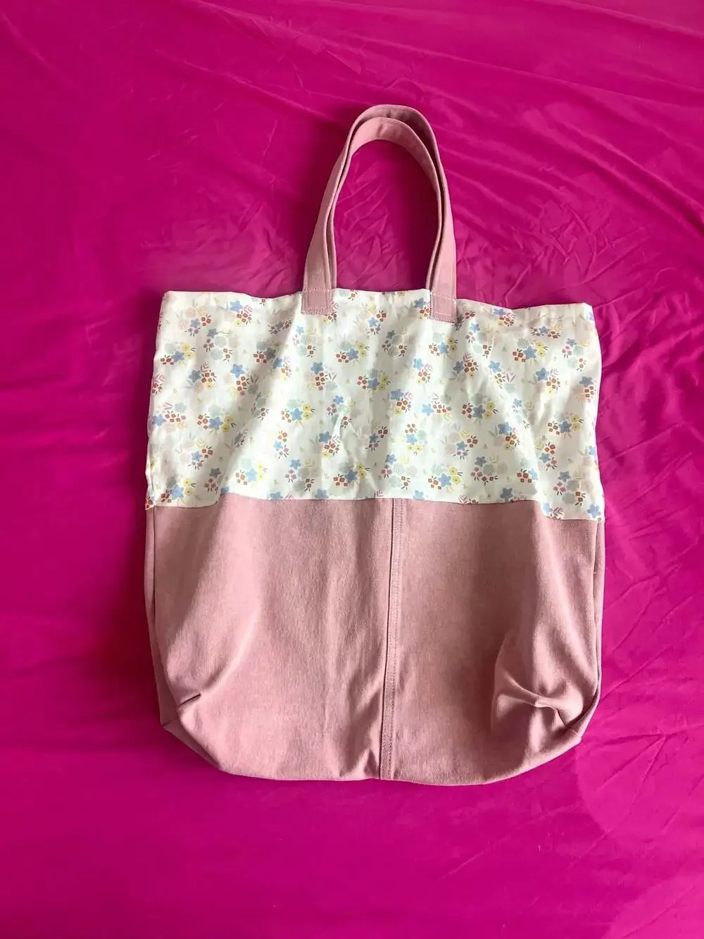 Handmade Cottagecore Pink Canvas and Floral Print Tote Bag